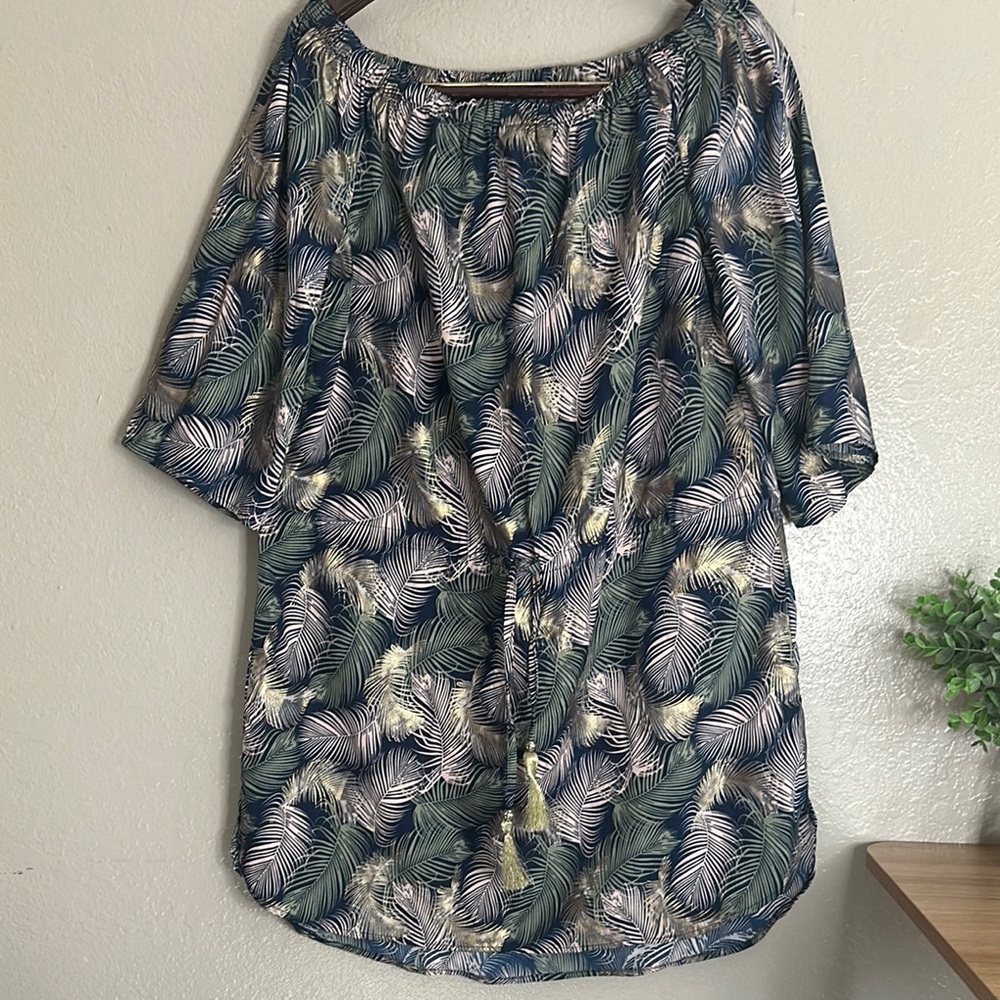 Blue Island Swim Cover Up Dress 3/4 Bell Sleeve Off Shoulder Tassel Tie Sz Large